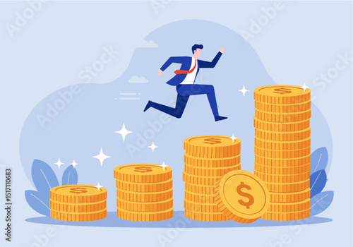 Flat vector illustration of a dynamic businessman in a suit leaping energetically across progressively taller stacks of gold coins