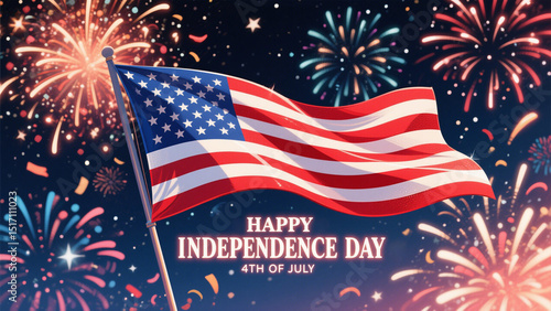 A vibrant and festive design celebrating Independence Day, featuring a bold American flag waving dynamically against a dark, starry night sky. 4th July, 4th of July, Independence day of America