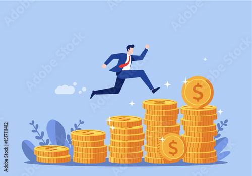 Flat vector illustration of a dynamic businessman in a suit leaping energetically across progressively taller stacks of gold coins