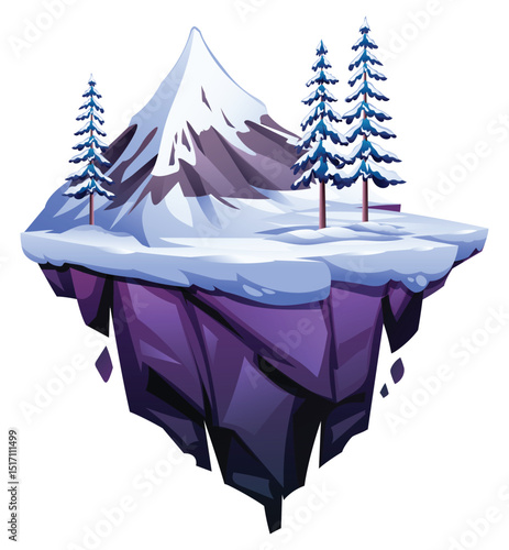 Snow mountain and pine trees on floating island in winter. Vector cartoon illustration
