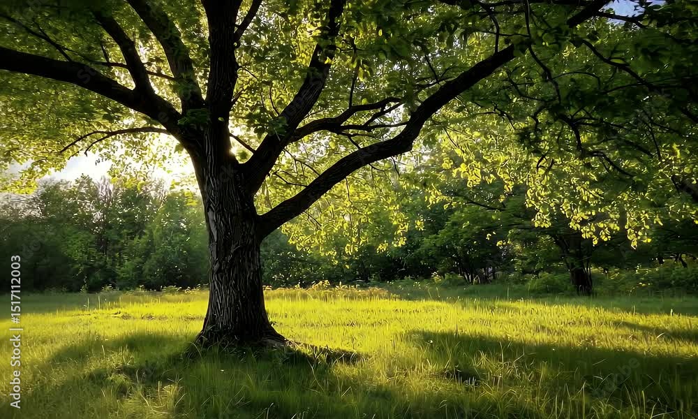 Sunlight Through Green Tree Branches Illuminating Vibrant Green Meadow With White Flowers In Sunny Day Landscape Sunlight Through Green Tree Branches Illuminating Vibrant Green Meadow With White Flowers In Sunny Day Landscape