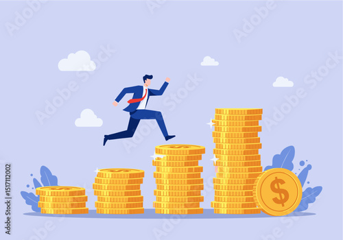 Flat vector illustration of a dynamic businessman in a suit leaping energetically across progressively taller stacks of gold coins