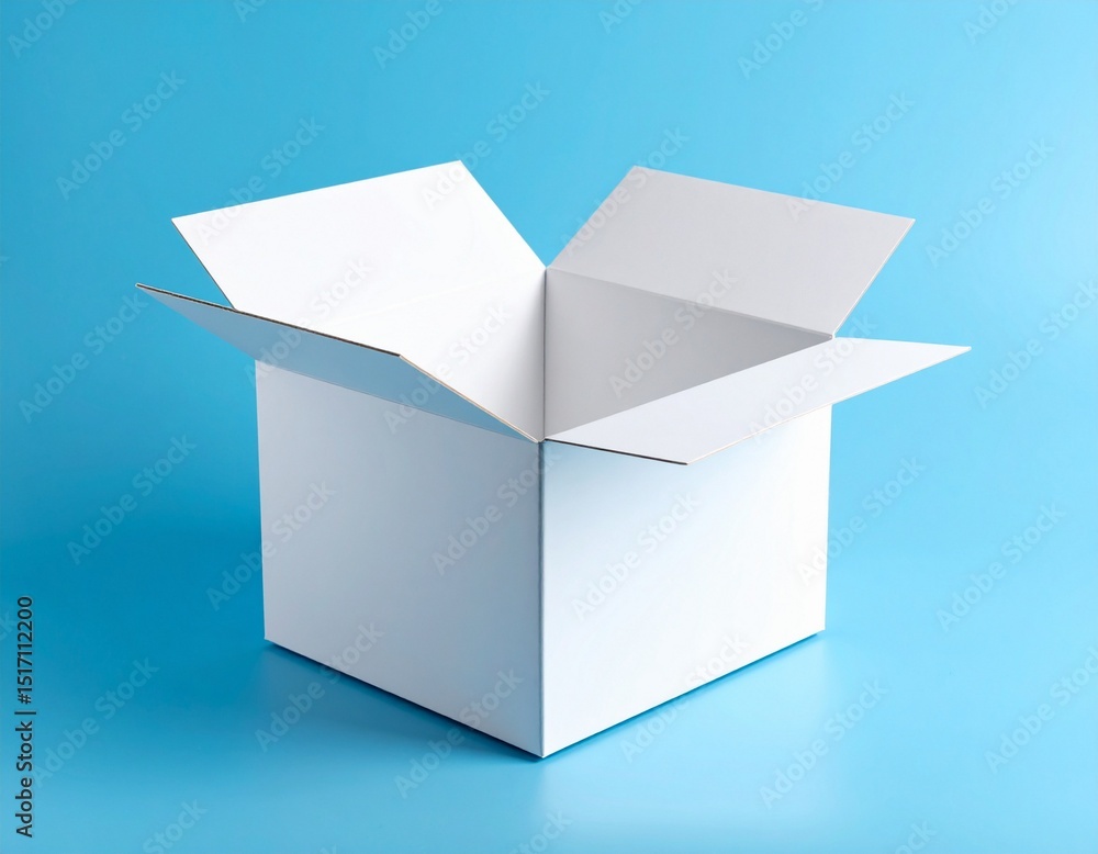 Opened white paper box on a blue background. Place for you design. Opened white paper box on a blue background. Place for you design.