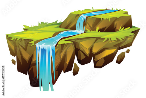 Green landscape on floating island with waterfall cascading from upper and lower terrain. Vector cartoon illustration