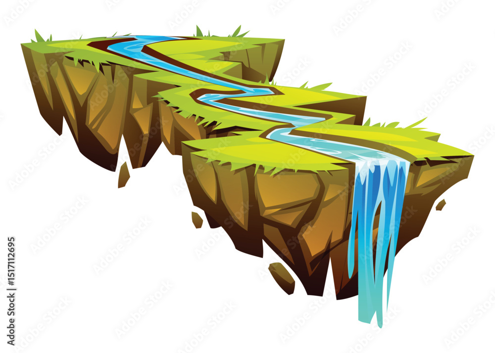 Naklejka premium Winding river flowing across lush floating island ending in waterfall. Vector cartoon illustration
