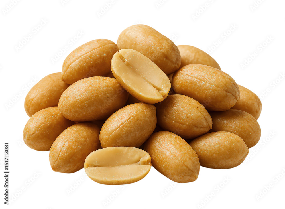 Delicious and Crunchy Roasted Peanuts Piled High with a Few Halves Displayed, Perfect for Snacking or Cooking, Isolated on Transparent and White Background Delicious and Crunchy Roasted Peanuts Piled High with a Few Halves Displayed, Perfect for Snacking or Cooking, Isolated on Transparent and White Background