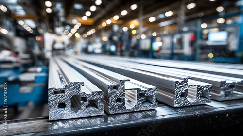 Product photo of custom aluminum extrusions in a manufacturing environment detailed metallic textures precisionengineered profiles brushed and polished alum