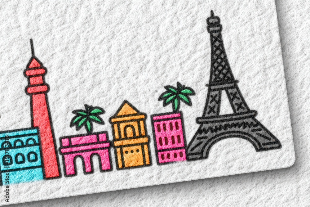 Obraz premium Colorful skyline of famous world landmarks including the Eiffel Tower and palm trees symbolizing global travel adventure captured in vibrant illustration style captured with clarity