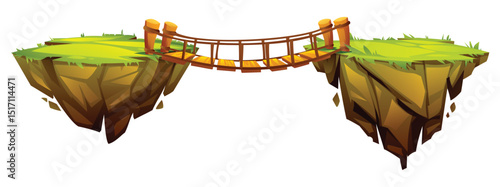 Two floating grassy islands connected by a wooden bridge in a fantasy world. Vector cartoon illustration
