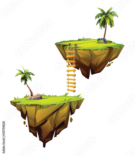 Floating islands connected by ladder with palm trees and rocks. Vector cartoon illustration
