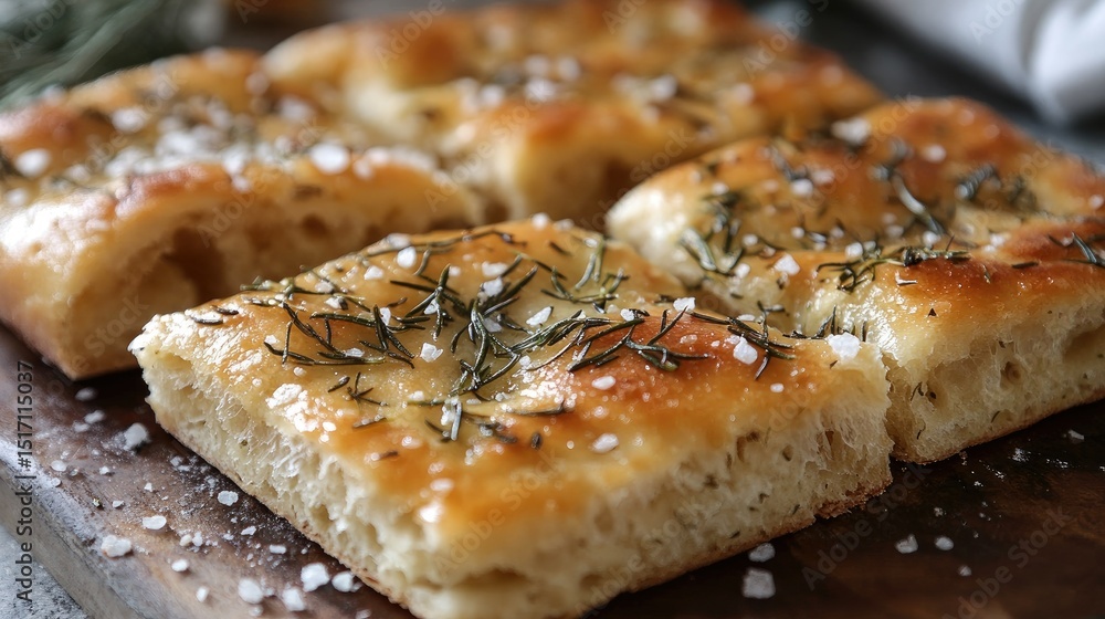 Focaccia with rosemary and sea salt, emphasizing texture and rustic beauty Focaccia with rosemary and sea salt, emphasizing texture and rustic beauty