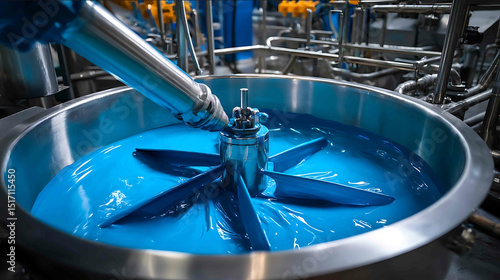 An industrial mixer in a large tank with blades inside for mixing slowly and evenly mixes blue paint in a paint factory with pipes for advertising