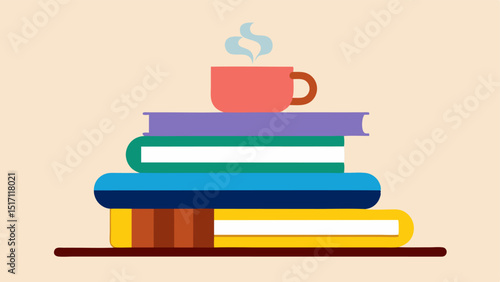Book Stack A stack of colorful books with a steaming cup of tea on top symbolizing reading as a rewarding alternative to screen time.