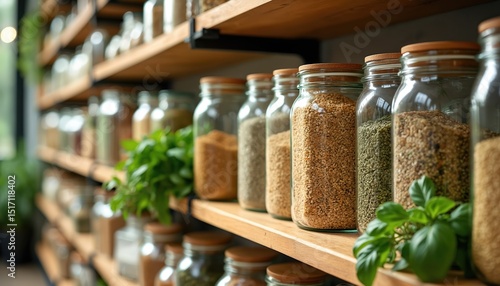 Well-organized organic grocery store displays bulk goods in jars. Shelves filled with fresh produce, healthy food. Sustainable shopping, natural wholesome food items. Eco-friendly eating healthy