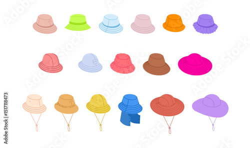 Set of Bucket Hat -Refined Weatherproof Modular Adjustable, Sahara Outdoor Garden Luxury Fisherman, with Cord Stopper. Head Fashion accessory cap clothing technical illustration. Vector flat mockup