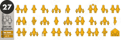 Family and relationships - thin line icons set, yellow fill. Couple, marriage, friends, children, kids, elders, siblings, mother, father, pregnancy, baby, home, brother, sister, vector illustration