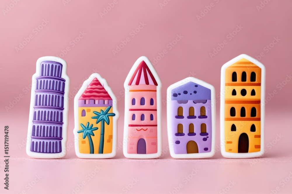 Naklejka premium Playful collection of whimsical architecture and colorful buildings on a pastel backdrop designed to inspire creativity and evoke a sense of imagination and wonder in every viewer