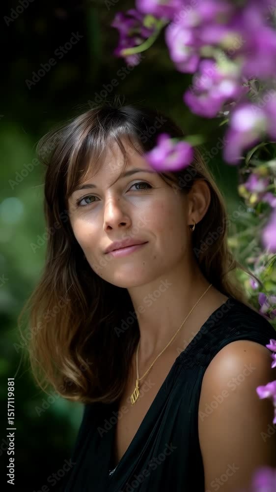 Portrait of an attractive young woman with brown hair posing with purple flowers outdoor Portrait of an attractive young woman with brown hair posing with purple flowers outdoor
