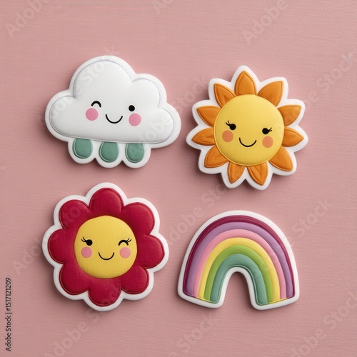 Colorful playful designs of smiling cloud sun flower and rainbow shapes set against a pastel pink background showcasing whimsical charm and cheerful artistic expression