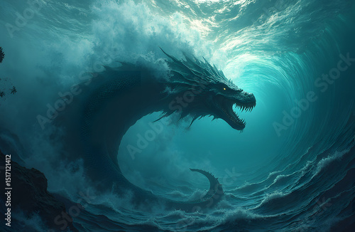 Leviathan serpent beneath glowing ocean waves