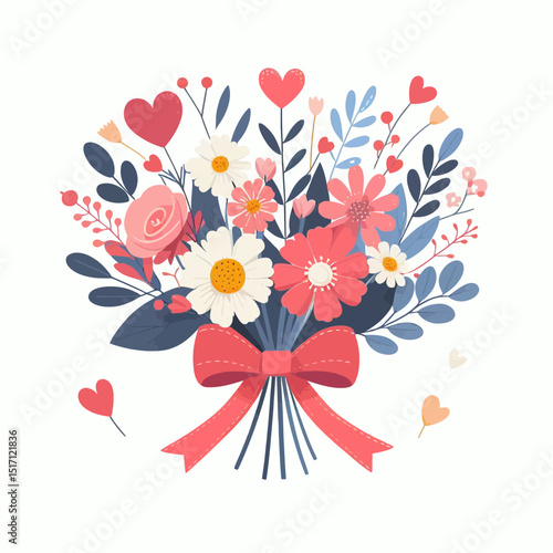 A bouquet of flowers tied with a bow and adorned with hearts, perfect for blogs about Valentine's Day, romance, gifts, or floral arrangements.


