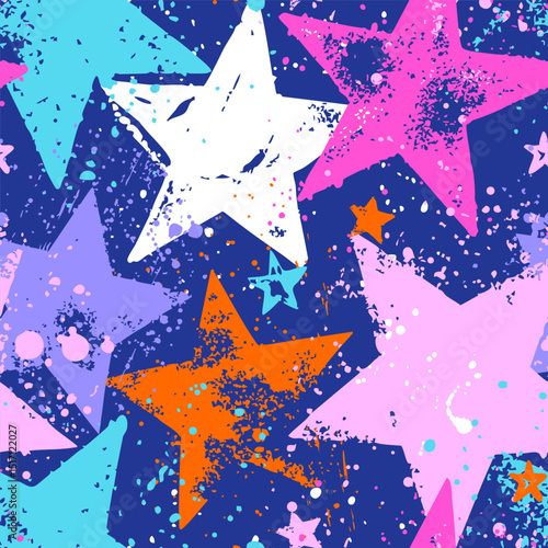 Abstract seamless chaotic pattern with urban stars. Grunge neon texture background. Wallpaper for woman. Fashion sport style