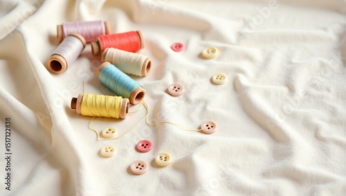 Carretes de hilo pastel y botones surtidos dispuestos en círculo sobre un fondo de tela de lino texturizado