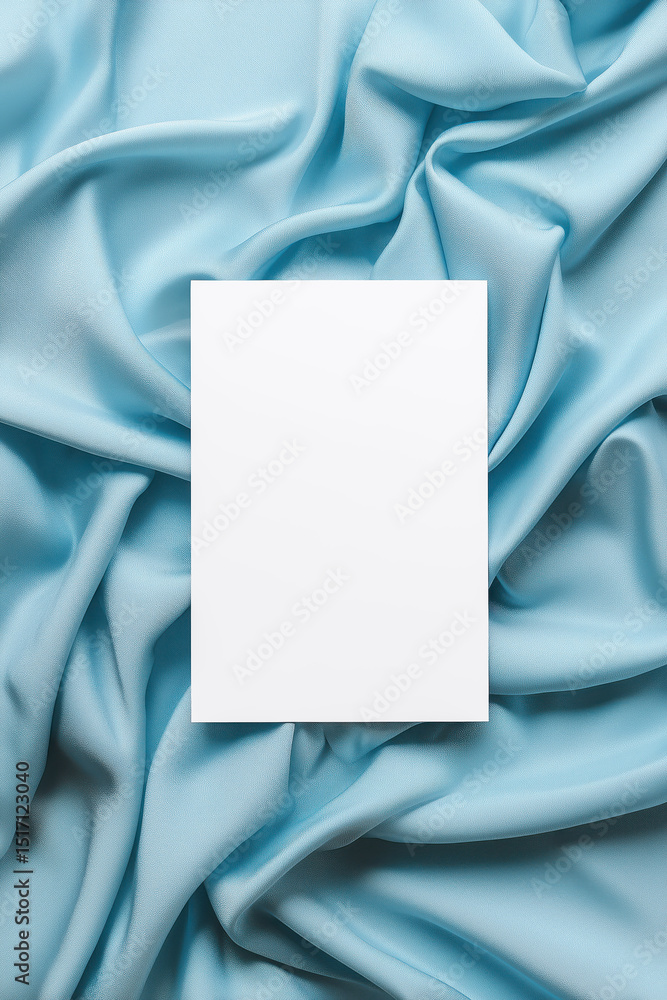 Blank white square card placed on soft light blue fabric with natural folds Blank white square card placed on soft light blue fabric with natural folds