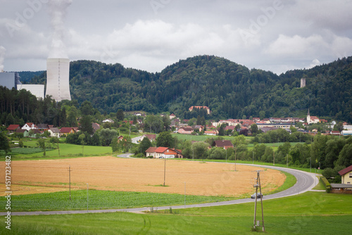 Panoramic view of Soštanj town and the chimney of the thermal power plant, Slovenia, Europe