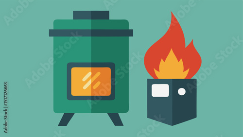 Biomass Stove A biomass stove with flames illustrated exuding warmth accompanied by a sale tag that emphasizes ecofriendly alternative heating solutions.