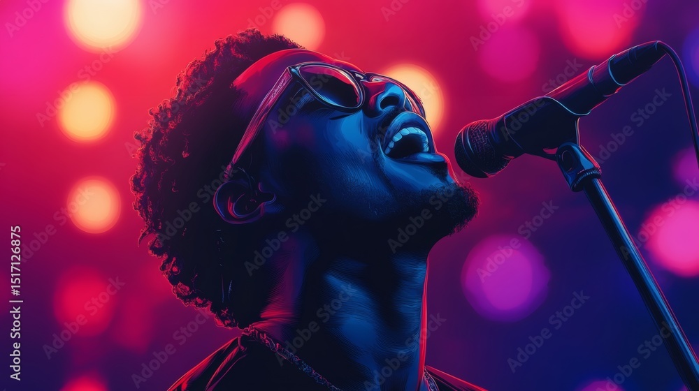 A stylized portrait of a male singer performing on stage, illuminated by colorful lights. A stylized portrait of a male singer performing on stage, illuminated by colorful lights.