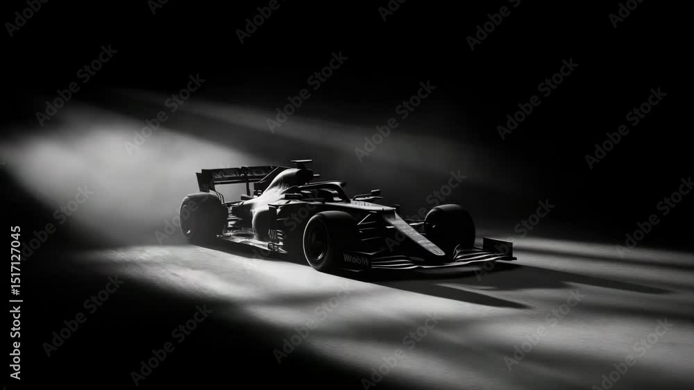 Formula 1 car partially illuminated in a dark dramatic spotlight, stylized in black and white with moody shadows and sleek design highlighting its powerful profile

