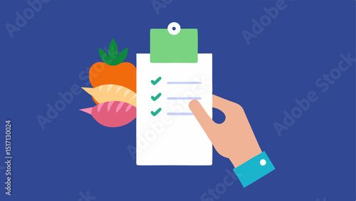Grocery List A hand holding a notepad with a personalized grocery list featuring items like quinoa kale and salmon emphasizing a tailored approach to shopping.