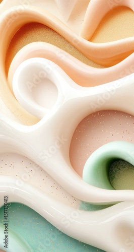 Abstract, swirling, pastel-colored shapes. Close-up view of fluid, organic forms in cream, peach, pale yellow, mint, and light beige tones. Textured, smooth surfaces with subtle, dotted patterns