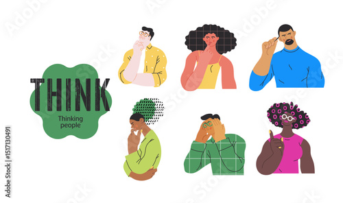 Thinking people, modern flat vector concept illustrations set- people standing thoughtfully. Metaphor for reflection, analysis, introspection, contemplation, deep thought