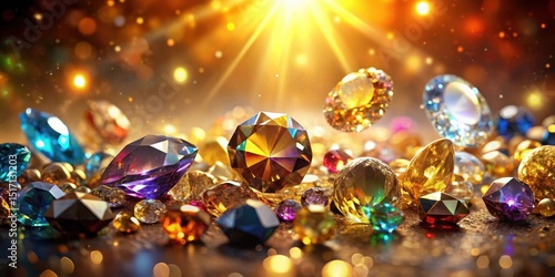 Dazzling treasure trove of gemstones in shades of gold and crystal, radiating vibrant hues as light dances across them , sparkling array, glittering