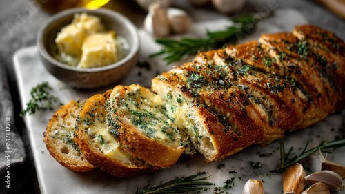 Wallpaper Mural Sliced garlic bread with butter and herbs on marble board, rustic close-up composition

 Torontodigital.ca