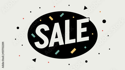 Circular Emphasis The word SALE in thick black letters forming a circle with a contrasting white background highlighted with small stars and confetti for a festive look.