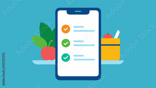 Grocery Shopping Assistant An illustration of a smartphone with a shopping list generated by AI featuring healthy food options for a patient managing diabetes or hypertension.