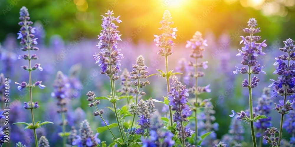 Obraz premium Blooming flowering faassen's blue catmint plants in a vibrant summer garden with lush greenery and warm sunlight filtering through the leaves, summer garden, Nepeta faassenii