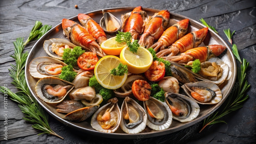 A beautifully arranged seafood platter showcasing grilled shrimp, accompanied by a variety of seafood delicacies such as oysters, scallops and smoked salmon , scallops, grilled shrimp A beautifully arranged seafood platter showcasing grilled shrimp, accompanied by a variety of seafood delicacies such as oysters, scallops and smoked salmon , scallops, grilled shrimp