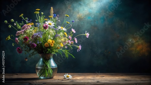 Fototapeta Naklejka Na Ścianę i Meble -  A delicate arrangement of wildflowers in a vase against a mysterious dark background, creating an enchanting scene, flowers