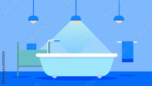 Bathroom Relaxation A spalike bathroom with soft adjustable lighting. The lights transition from bright white for daytime use to calming blue for a relaxing evening bath indicated