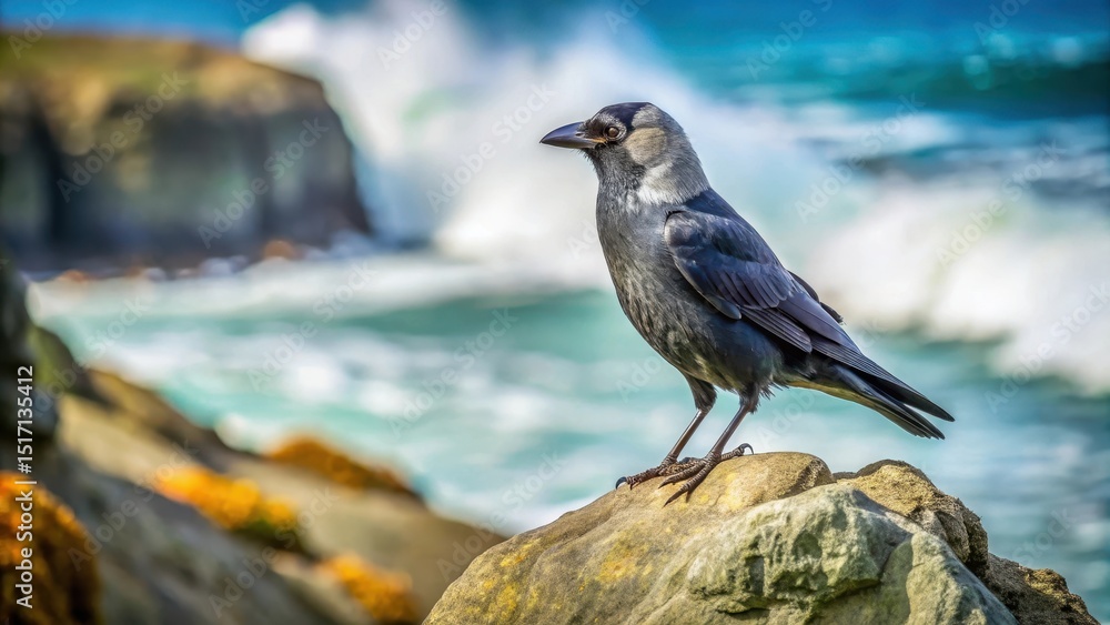 Obraz premium A majestic Jackdaw perches on a weathered rock in its natural habitat, surrounded by rugged sea cliffs and waves crashing against the shore , rock formation, landscape