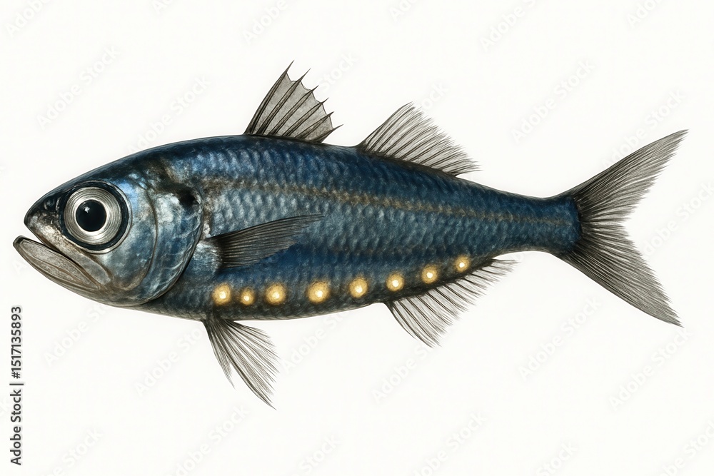 Lanternfish swimming in dark deep ocean waters, bioluminescent fish glowing underwater Lanternfish swimming in dark deep ocean waters, bioluminescent fish glowing underwater