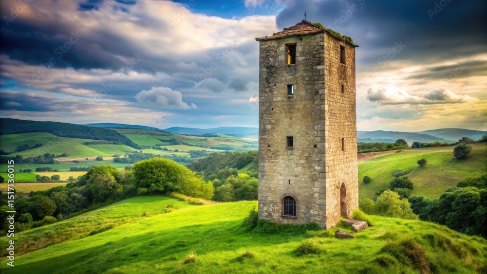 Ancient stone tower standing alone in a green landscape Ancient stone tower standing alone in a green landscape