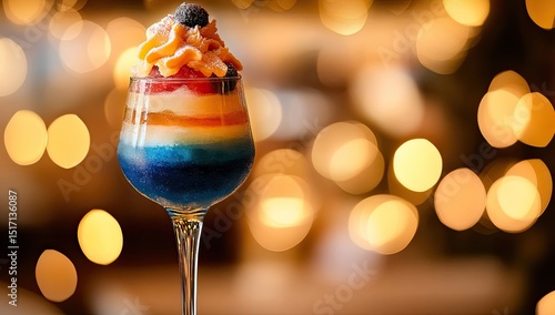 Colorful layered dessert in a stemmed glass, vibrant rainbow colors, topped with whipped cream and fruit