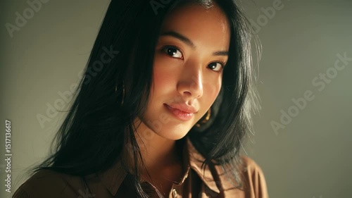 A Southeast Asian young woman with long, straight black hair and smooth skin, She is gently smiling while looking directly at the camera with a warm and calm expression