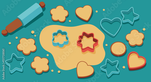 Cookie cutters with rolling pin and dough on teal surface for baking preparation 