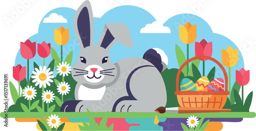 Gray Rabbit with Easter Basket and Colorful Spring Flowers in Garden Scene 